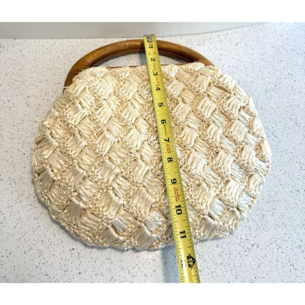 Vintage Purse Woven Straw Raffia Handbag Floral Wooden Handle Cream 1960's - Picture 12 of 13